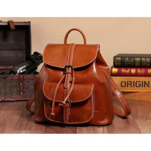 2024 New Oil Wax Cowhide Pocket Backpack with Drawstring Closure Flip Cover Korean Genuine Leather Large Women's Bag