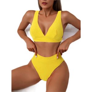 Sätt hög midja bikini kvinnor 2023 het försäljning ny sexig vneck hängspänning baddräkt rygglös baddräkt gul badkläder bikinis feminino