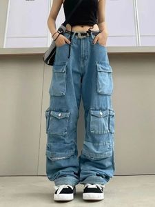 Multi-Pocket Blue Washed Cargo Pants Y2K Retro High Street Fashion High midja Jeans Par Harajuku Simple Casual Wide Leg Pants 240420
