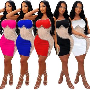 Fashion Womens Solid Color Mesh Rhinestone Strap Dress 1320