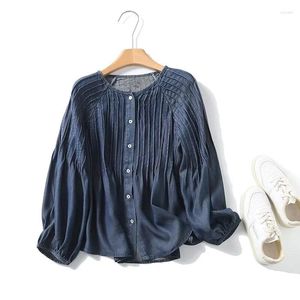 Frauenblusen Frauen Falten Jeans Hemd Hemdbluse Frühling lang Laternenhülsen plisdern Denim Blue Casual Cotton Tops Button Up