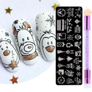 Art Christmas Cute Anime Nail Stamping Plate Set Winter Snowflake Sweater Elk Design Painting Stencil With Stamper Tool Image Decor