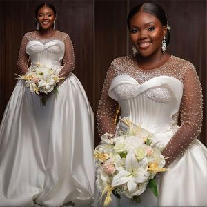 Size 2024 Plus Mermaid Dress Bride with Detachable Train Bridal Illusion Long Sleeves Pearls Satin Wedding Gowns for African Black Women Girl