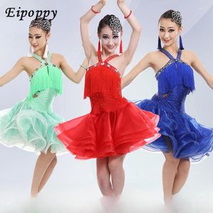 Scene Wear Latin Dance Performance Clothing Girl's Bright Diamond Tassel kjol Barntävling