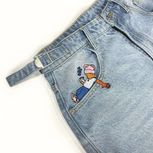 Stylish and Simple Korean Style Pocket Cartoon Light Color Jeans Aesthetic Haruku Casual Design High Waist Wide Leg Pants Y2k