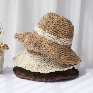 Chapéus de balde de estilo de moda chapéu de crochê de sol dobrável para viagens de praia e férias de palha feita de palha 240425