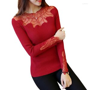 Camisetas femininas Mulheres de manga longa de renda elástica de renda de retalhos de tampas casuais tops pullover