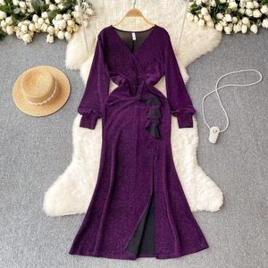 Casual Dresses French Luxury Purple Elegant Long Prom Dress Women's Autumn and Winter Ruffle Edge Slim Fit Ladies Trumpet