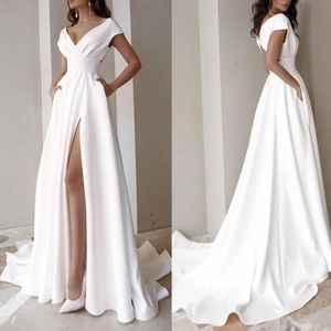 Gown V-neck Side Slit Elegant Dress Lady Formal Dress High Waist for Evening Womens Dresses White Long Skirt 240425