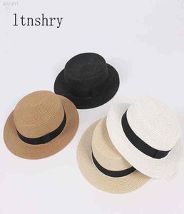 2021 New Women039S Hat Straw Sun Breatable Brim Brim Summer Boater Beach Ribbon Robbon Round Round Flat Top Hat للنساء 4267654