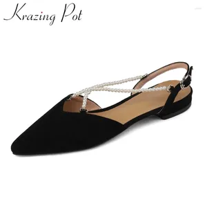 Casual Shoes Krazing Pot Sheep Suede Pointed Toe Low Heel Slingback Pearl Decorations Grunt Buckle Strap Handmade Brand Women Pumps L90