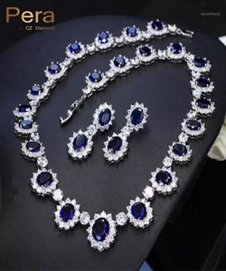 PERA CZ Big Round Round Cubic Zirconia Weddal Bridal Casamento Royal Blue Stone Colar e Brincos Conjuntos de jóias para noivas J12616737643