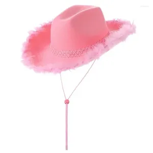 Basker klassisk fedoras hatt rosa fjäder brimmade västra cowboyhattar för trilby karnevaler musikfestival slitage