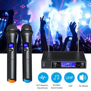 Microfones microfones de karaokê UHF Professional 2 CH sem fio Microfone duplo Microfone Digital LCD Display Mic System Conjunto para Party