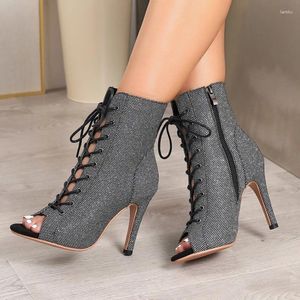 Sapatos de dança Women Black High Heels Lace-up Boot Stilettos Jazz Mulher Latin Dancing Outdoor Booties Sexy Big Size