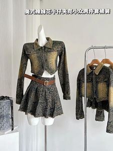 Arbeitskleider hochwertige Mode-Outfits 2-Stück-Rock-Set Polo-Heck Jean Jacke Print Taille Formale 90er Anlass