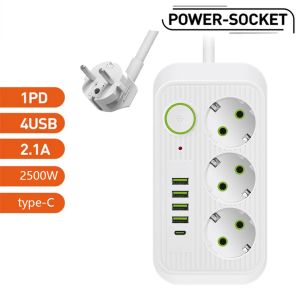 Plugs Eu Plug Power Strip 2m Extension Cable Multiprise 3ac Outlets Electrical Socket with 4 Usb 1 Typec Network Filter Fast Charging