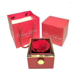 Ювелирные мешочки на 360 градусов Вращаемые консервированные настоящие розовые кольцевые ожерелье для хранения роз Валентин навсегда