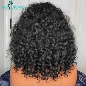 Synthetic Wigs Human hair curly Bob wig with bangs 200 density glueless fully machine made loose Brazilian Remi suitable for womens XCSUNNY Q2404271