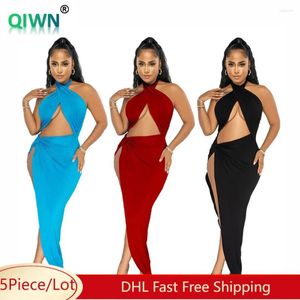 Vestidos casuais 5 Vestidos maxi sexy de atacado em massa Mulheres ocas de halter renda lateral lateral feminina mangas mangas roupas de vestuário