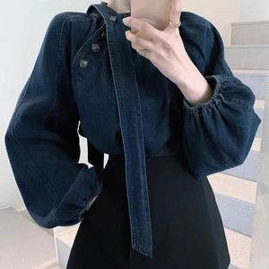 Women's Blouses SuperAen Spring 2024 Retro Niche Stand Up Collar With Diagonal Buckle And Tie Design Loose Denim Shirt