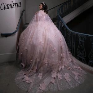 Pink Glitter Crystal 3D Flowers Ball Gown Quinceanera Dresses With Cape Appliques Lace Beading Corset Vestidos De 15 Anos