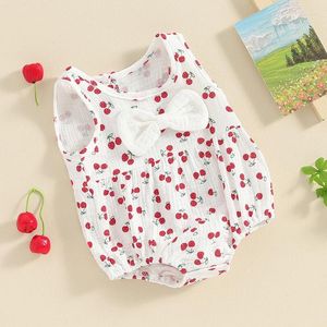 Tıklayıcılar sevimli bowknot bebek kız pamuk keten kiraz/havuç baskı kolsuz bebek bodysuits doğumlu cuasal yaz kıyafetleri