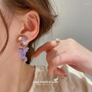 スタッドイヤリング韓国アクリル紫色の花のぶら下がって女性のためのかわいい丸い樹脂エナメルペンダントガールファッションジュエリー