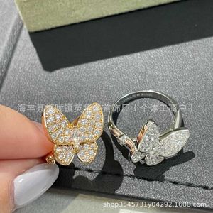Designer Charm Van V Gold High Ding Butterfly Ring Full Diamond Blue Turquoise Precision Edition