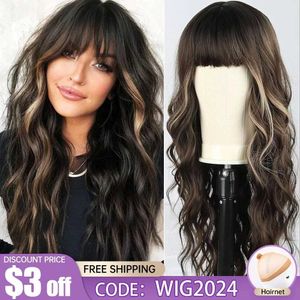 Synthetic Wigs Black brown synthetic wig with bangs long waves blonde hair highlighting the heat resistance of African womens daily parties Q240427