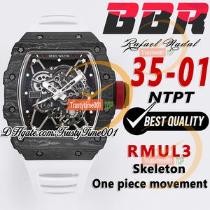 BBR 35-01 RMUL3 MEKANISK HAND-Winding Mens Watch Ntpt Carbon Fiber Case Skeleton Dial White Natural Rubber Strap Super Edition Sport TrustyTime001 Arm Wristwatches