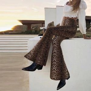 Calça feminina cintura elástica primavera e outono vintage de cintura alta slimtditing sexy moda leopard bootcut esportes longos