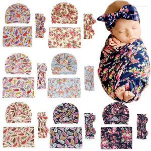 Blankets Born Blanket Vintage Floral Print Baby Swaddle Wrap Ear Headband Donut Turban Cap 3 Piece Set Pography Prop