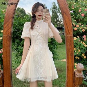 Casual Dresses Mini Women Puff Sleeve Chinese Style Button Design Lovely Girlish Summer Tender Estetic Semester Vestidos