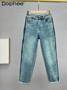Jeans da donna pantaloni ritagliati in vita alta per donne 2024 autunno sciolto elastico dimagrimento blu papà papà harem pantaloni