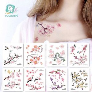 Tattoo Transfer Rocooart Flowers Fake Sakura Tattoo Stickers Chest Taty Waterproof Tatoo Brid Cherry Blossom tree For Women Tattoo Body Taty 240427