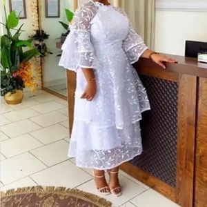 Etniska kläder 2024 African Party Evening Dresses for Women Summer Elegant White Mesh High midje 3/4 Sleeve Midi Dress Dashiki Africa