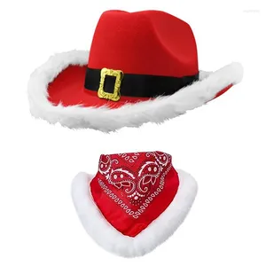 Berets Christmas Cowboy Hat And Scarf Sequined Santa Wide Brim For Adults Wedding Carnival Rave Party Costume Accessories