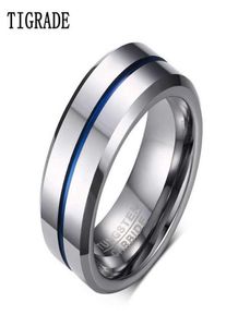 Tigrade Men ringer 8mm volfram bröllopband silverfärg med blå linje stilfull man anillos hombre för jubileumsring 2112185316838