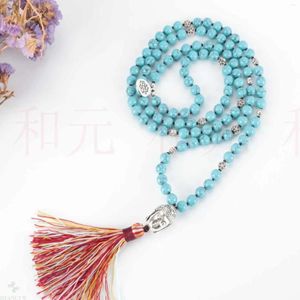 Hängen 8mm 108 Natural Mala Blue Turquoise Bead Tibet Silver Necklace Wrist Gift Easter Thanksgiving Day Spirituality Glowing Mental