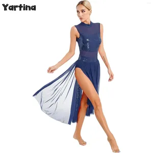 Scen Wear Womens Ballet Lyrical Dance Performance Costume Sparkly paljetter Backless Strappy Dress Gymnastics Leotard Skating Moderna klänningar