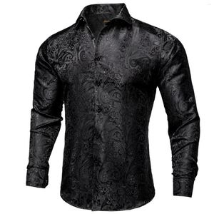 メンズドレスシャツdibangue silk men for men black paisley Red銀色の長袖ターンダウンカラープロムソーシャルシャツ