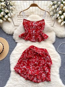 SingReiny Ins Holiday Floral Set Female Strap Sleeveless Short Camiselastic midjeshorts kjolar Fashion French Romantic Suits 240415