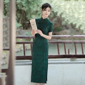 Ubranie etniczne zielone kobiety w stylu vintage sukienka Cheongsam ręcznie robione guziki kwiatowe sukienki w stylu chiński lato jesienne qipao m do 4xl