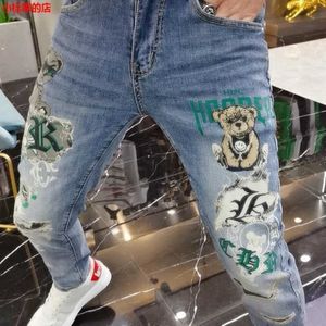 Men's Jeans Harajuku mens luxury clothing European streetwear style jeans bear print Kpop designer Korean boyfriend Q240427