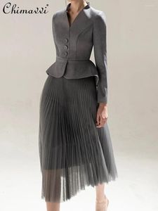 Sukienki robocze damski ol szary kombinezon z długim rękawem płaszcz o wysokiej talii zarażona plisowana spódnica 2024