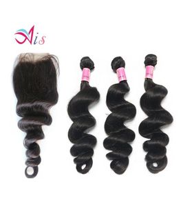 New Style Brazilian Indian Malaysian Peruvian Human Hair 3 Bundles Loose Wave Hair Weave with a Lace Closure8919906