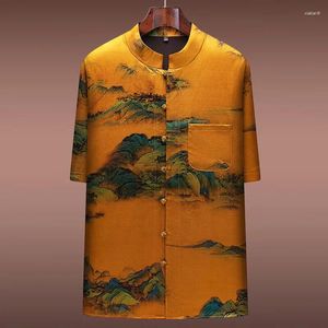 Men's Casual Shirts Langjieao Heavy Xiangyun Yarn Tang Suit Summer Short Sleeve Real Silkworm Silk Clothing Chinese Style Zen Clothes