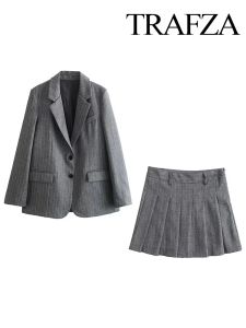 Skirts&Skorts TRAFZA Spring Women Fashion 2 Piec Set New Lapel Long Sleeves Blazer Coat + Sexy Party Hotsweet Female Mini Pleated Skirts