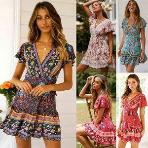 Summer Sexy Moda Mulheres Casual Manga Curta Floral Impresso Boho Wrap Frill Beach Mini vestido curto vestido de verão Viagem 240425